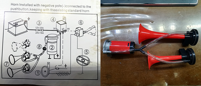 英語の説明書と付属部品でくみ上げたエアーホーン